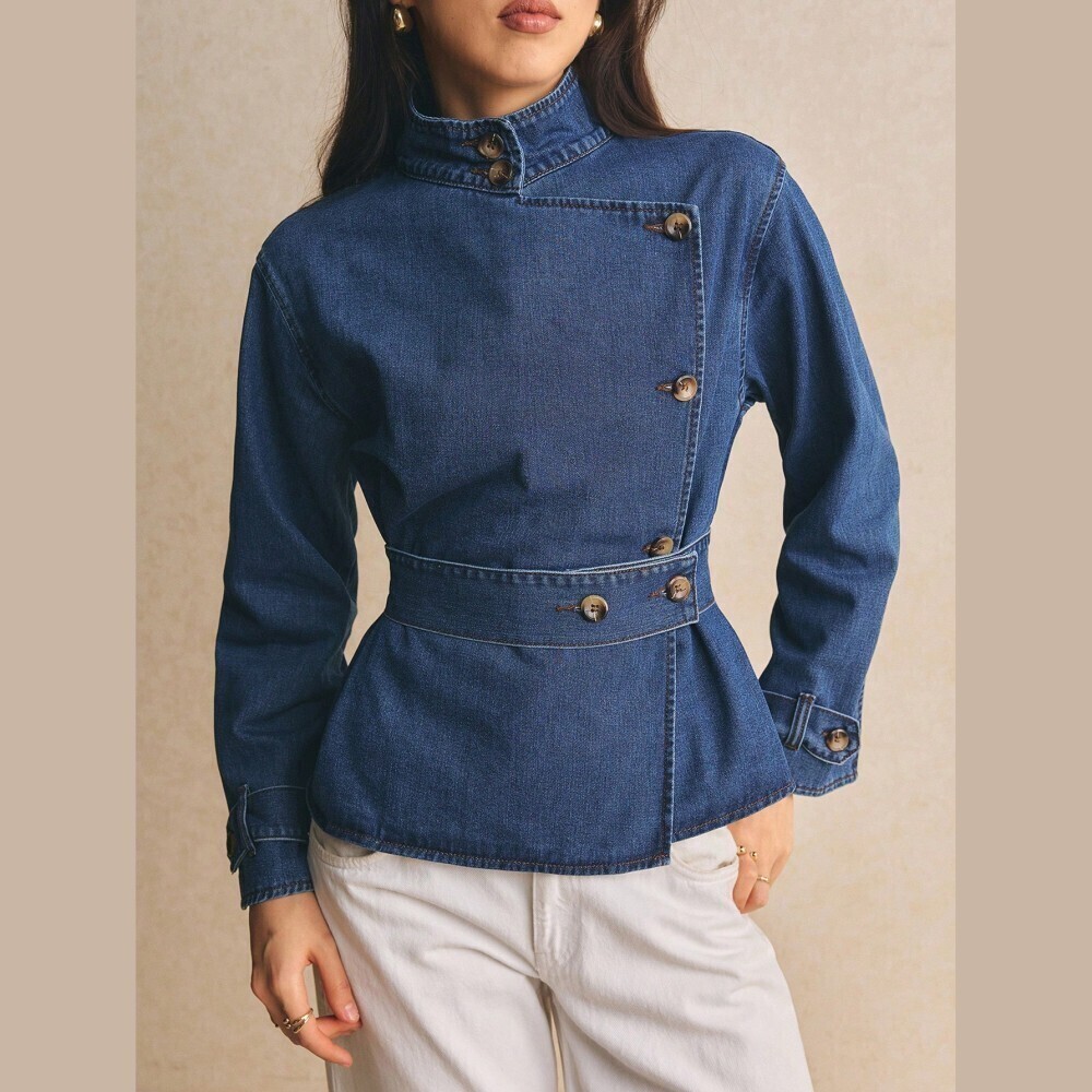 Indigo Denim High Neck Asymmetric Button Front Peplum Jacket